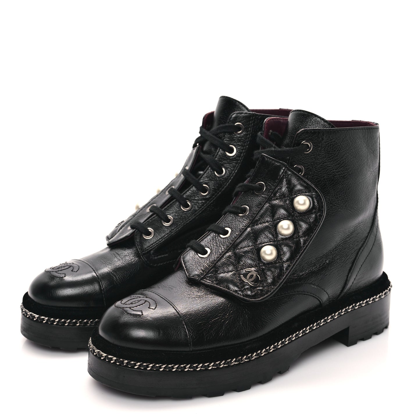 Crackled Calfskin Velvet Pearl Combat Short Boots 37 Black
