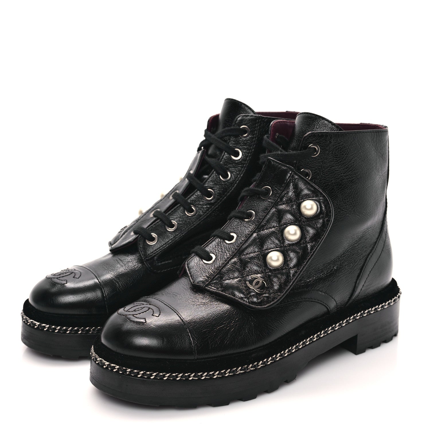 Chanel Crackled Calfskin Velvet Pearl Combat Short Boots 37 Black 3 of 9