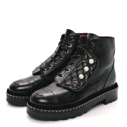 Chanel Crackled Calfskin Velvet Pearl Combat Short Boots 37 Black 3 of 9