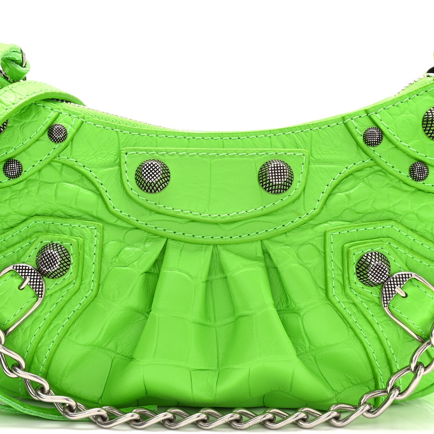 Extra Supple Calfskin Crocodile Embossed Le Cagole Mini Purse With Chain Acid Green