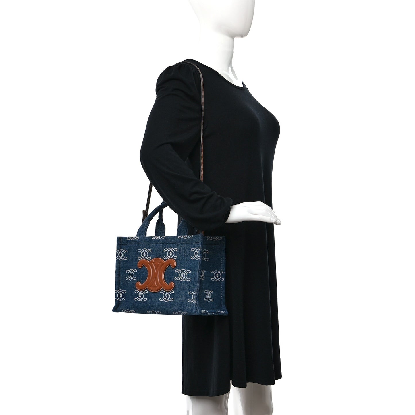 Canvas Calfskin Triomphe Print Small Cabas Navy Tan