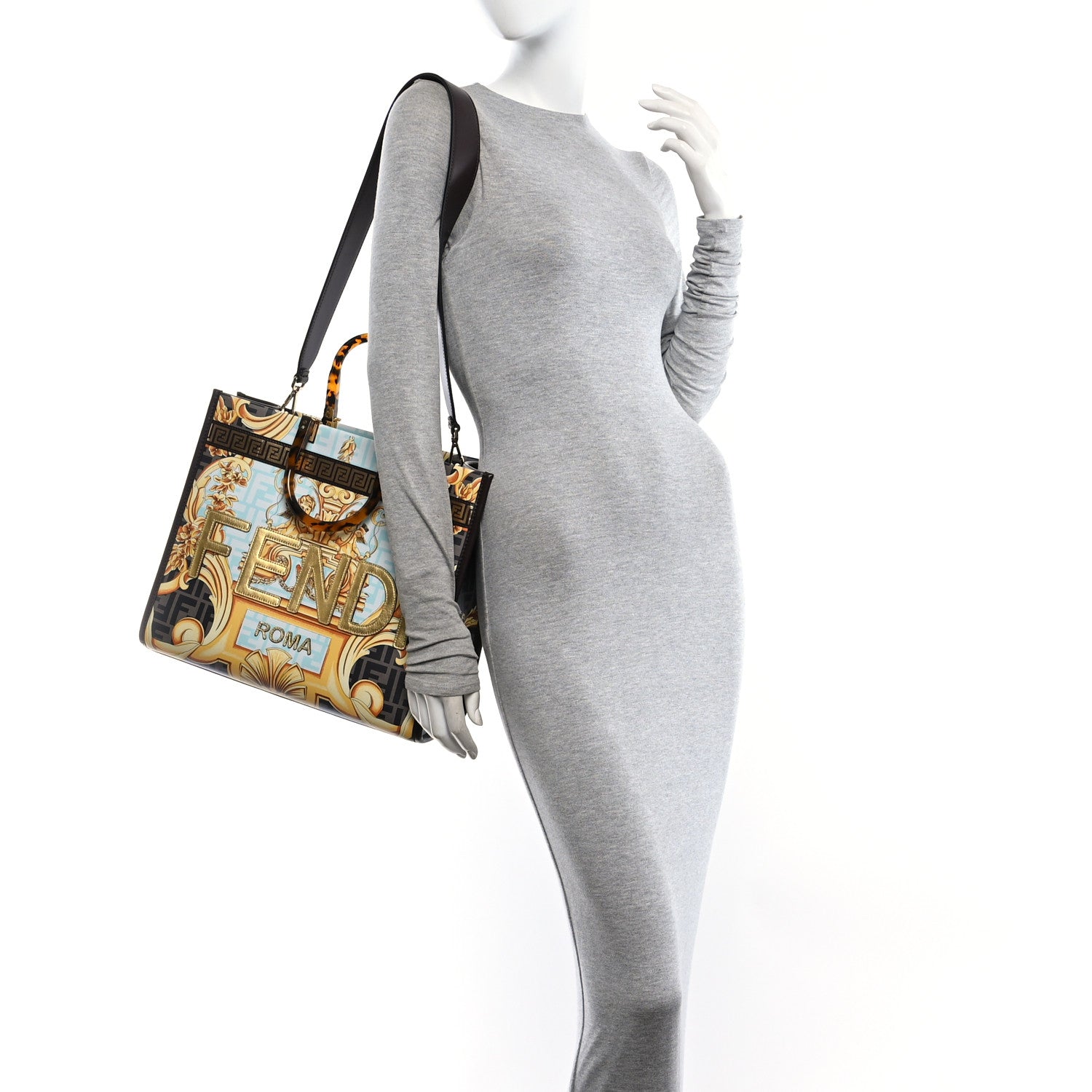 Fendi X VERSACE Calfskin Plexiglass Fendace FF Baroque Print Medium Fendi Sunshine Shopper Tote Gold Multicolor 2 of 10