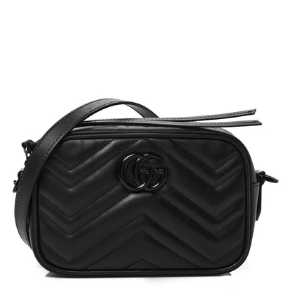 Gucci Calfskin Matelasse Monochrome Mini GG Marmont Chain Shoulder Bag Black 1 of 8