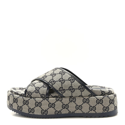 Gucci Monogram Criss Cross Platform Slide Sandals 38 Beige Blue 1 of 7