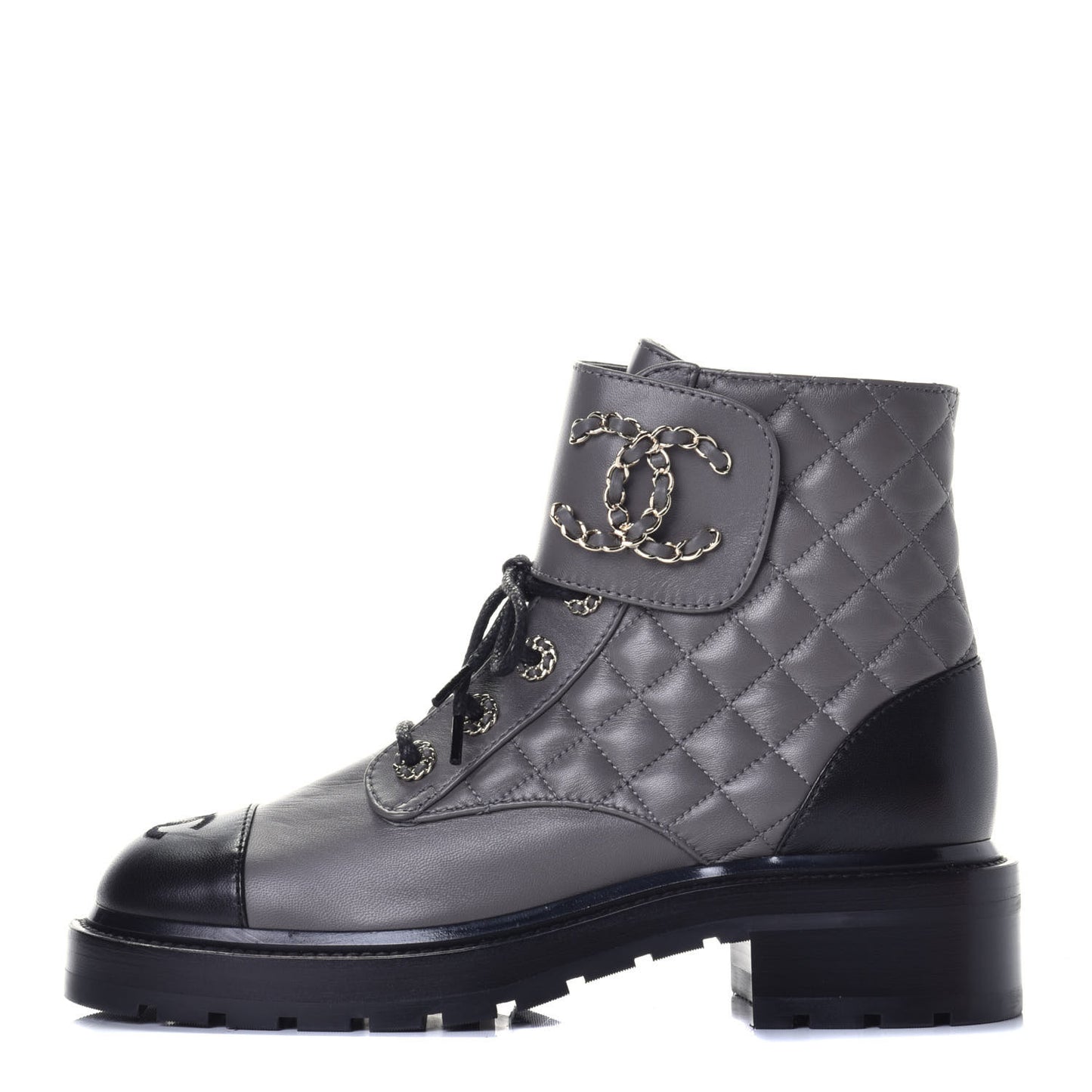 Shiny Lambskin Quilted Lace Up Combat Boots 38 Grey Black