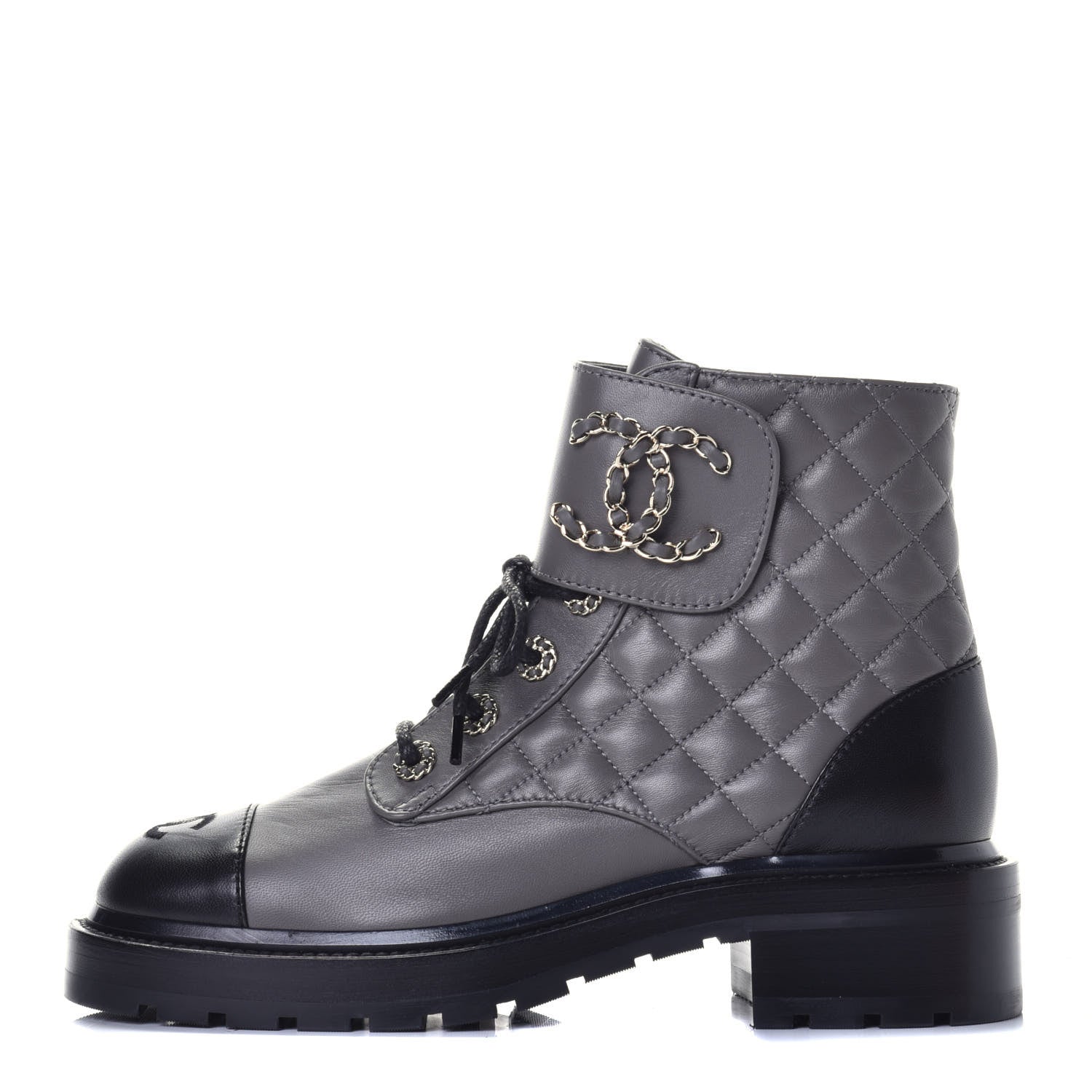Chanel Shiny Lambskin Quilted Lace Up Combat Boots 38 Grey Black 1 of 10
