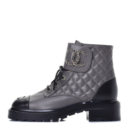 Chanel Shiny Lambskin Quilted Lace Up Combat Boots 38 Grey Black 1 of 10