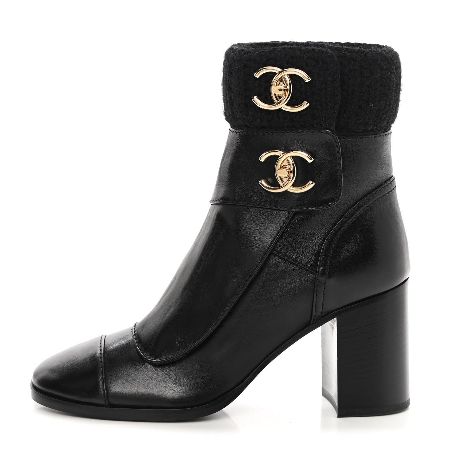 Calfskin Knit CC Short Boots 36 Black