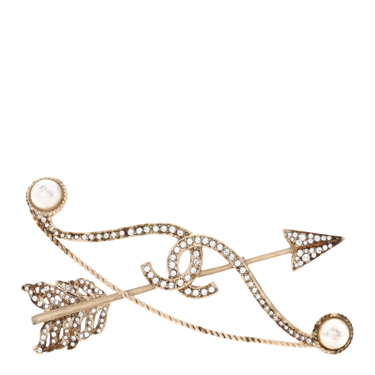 Crystal Pearl CC Arrow Brooch Gold