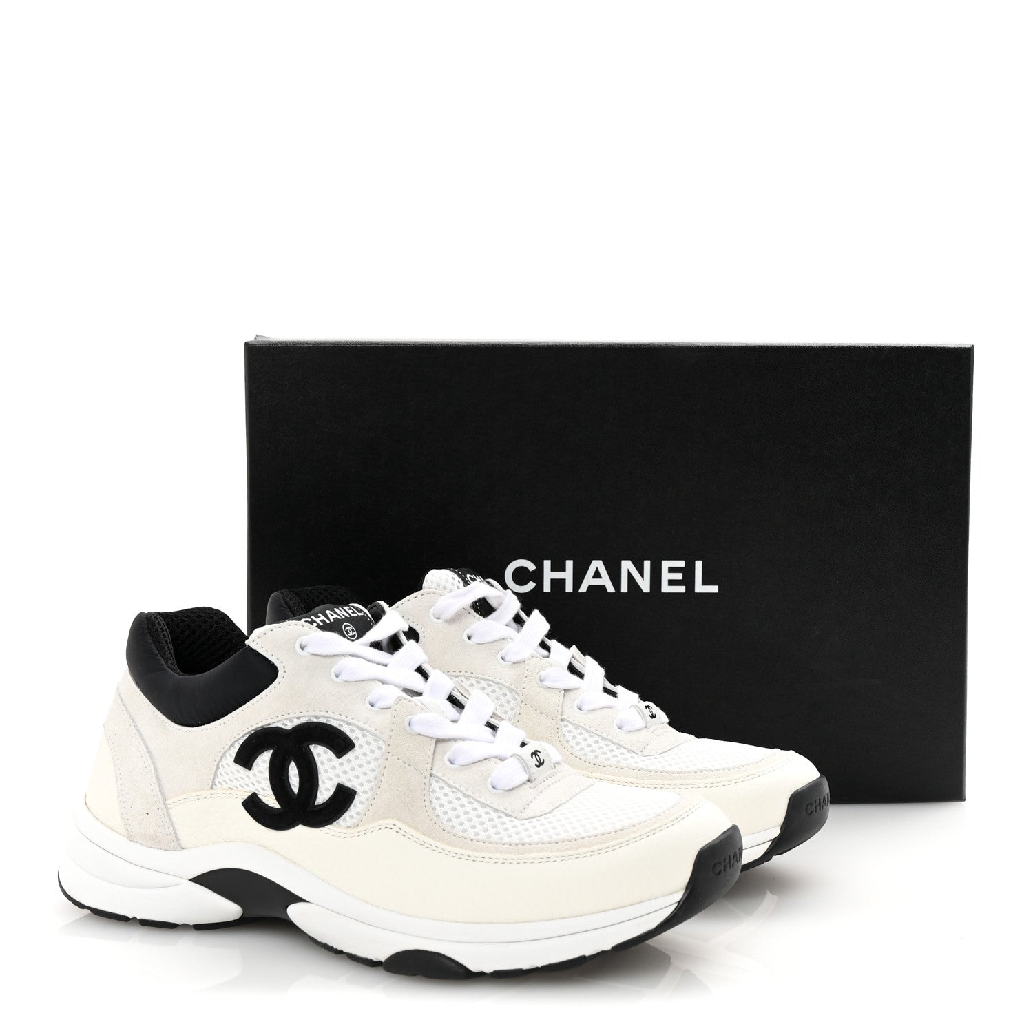 Chanel Mesh Suede Calfskin Grained Calfskin Womens CC Sneakers 39 White Black 10 of 10
