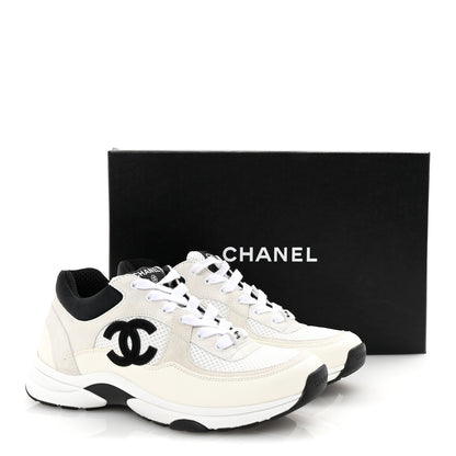 Chanel Mesh Suede Calfskin Grained Calfskin Womens CC Sneakers 39 White Black 10 of 10
