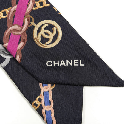 Chanel Silk Pearl CC Chain Slim Bandeau Scarf Navy Blue 2 of 4