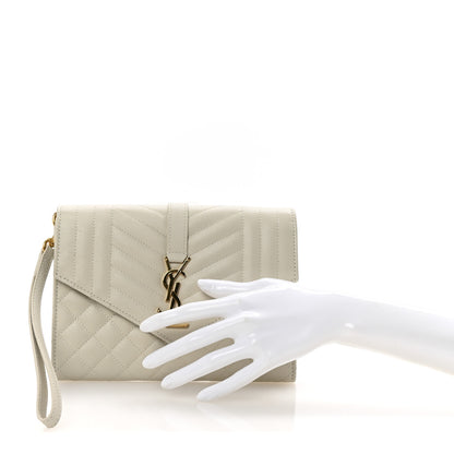 Saint Laurent Grain De Poudre Textured Mixed Matelasse Triquilt Monogram Clutch Crema Soft 3 of 14