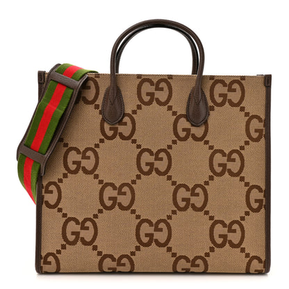Gucci Monogram Jumbo GG Textured Dollar Calfskin Web Tote Bag Camel Ebony New Acero 1 of 16
