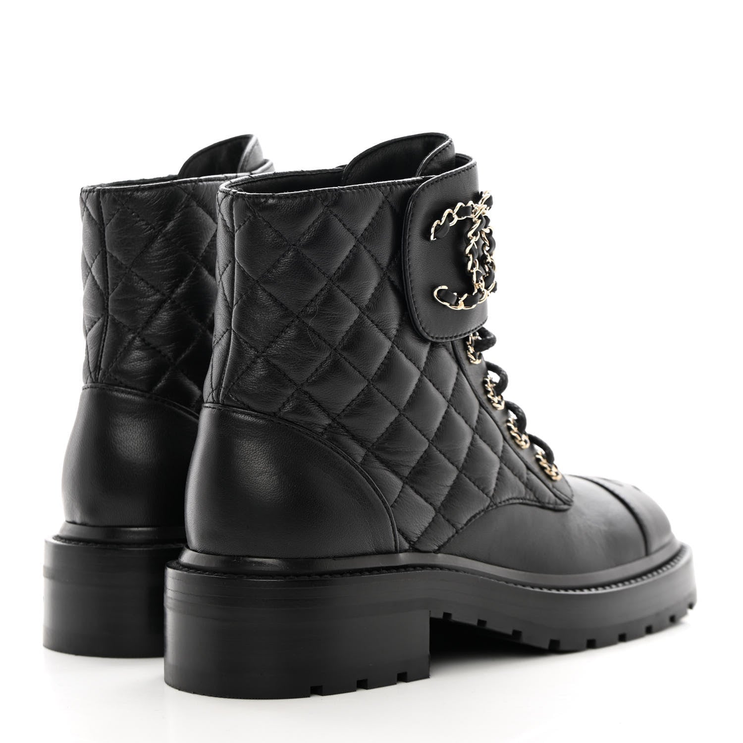 Chanel Shiny Lambskin Quilted Lace Up Combat Boots 35.5 Black 4 of 11