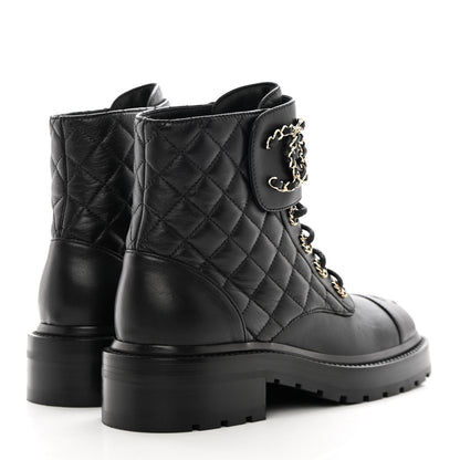 Chanel Shiny Lambskin Quilted Lace Up Combat Boots 35.5 Black 4 of 11