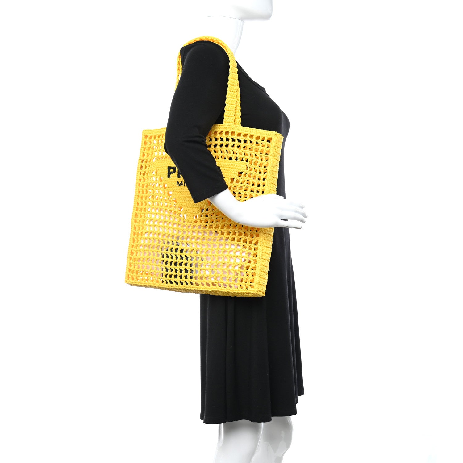 Prada Yarn Raffia Effect Crochet Logo Embroidered Tote Bag Giallo 2 of 9