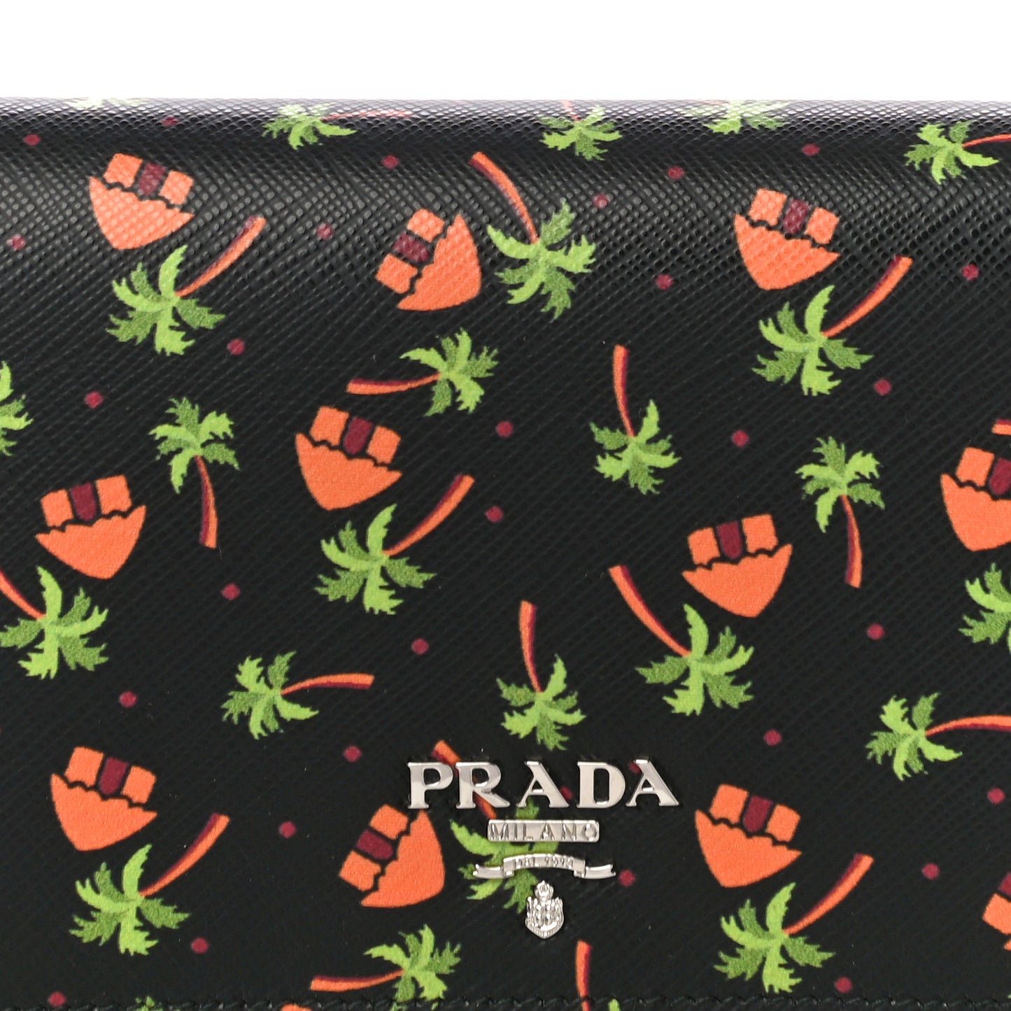 Saffiano Palm Tree Print Chain Wallet Black