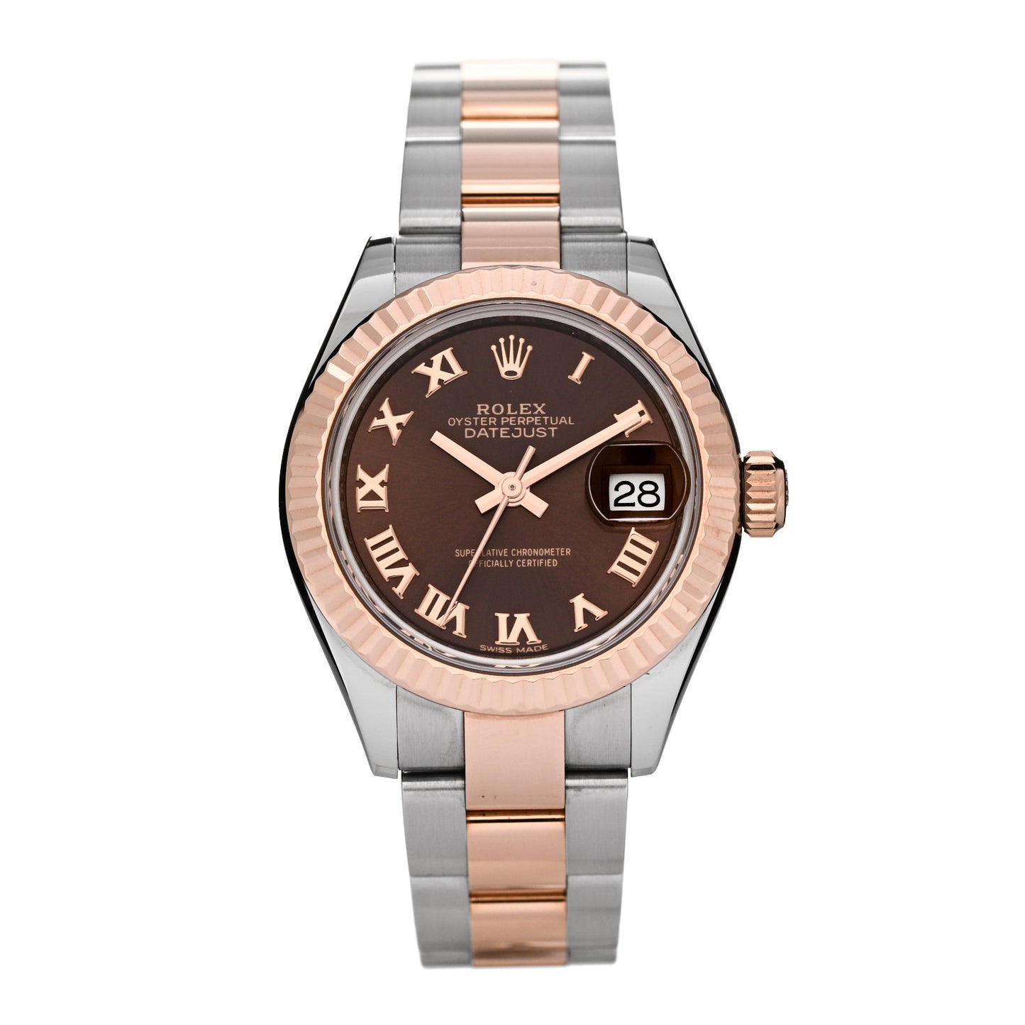 Stainless Steel 18K Everose Gold 28mm Oyster Perpetual Datejust Watch Chocolate Roman 279171