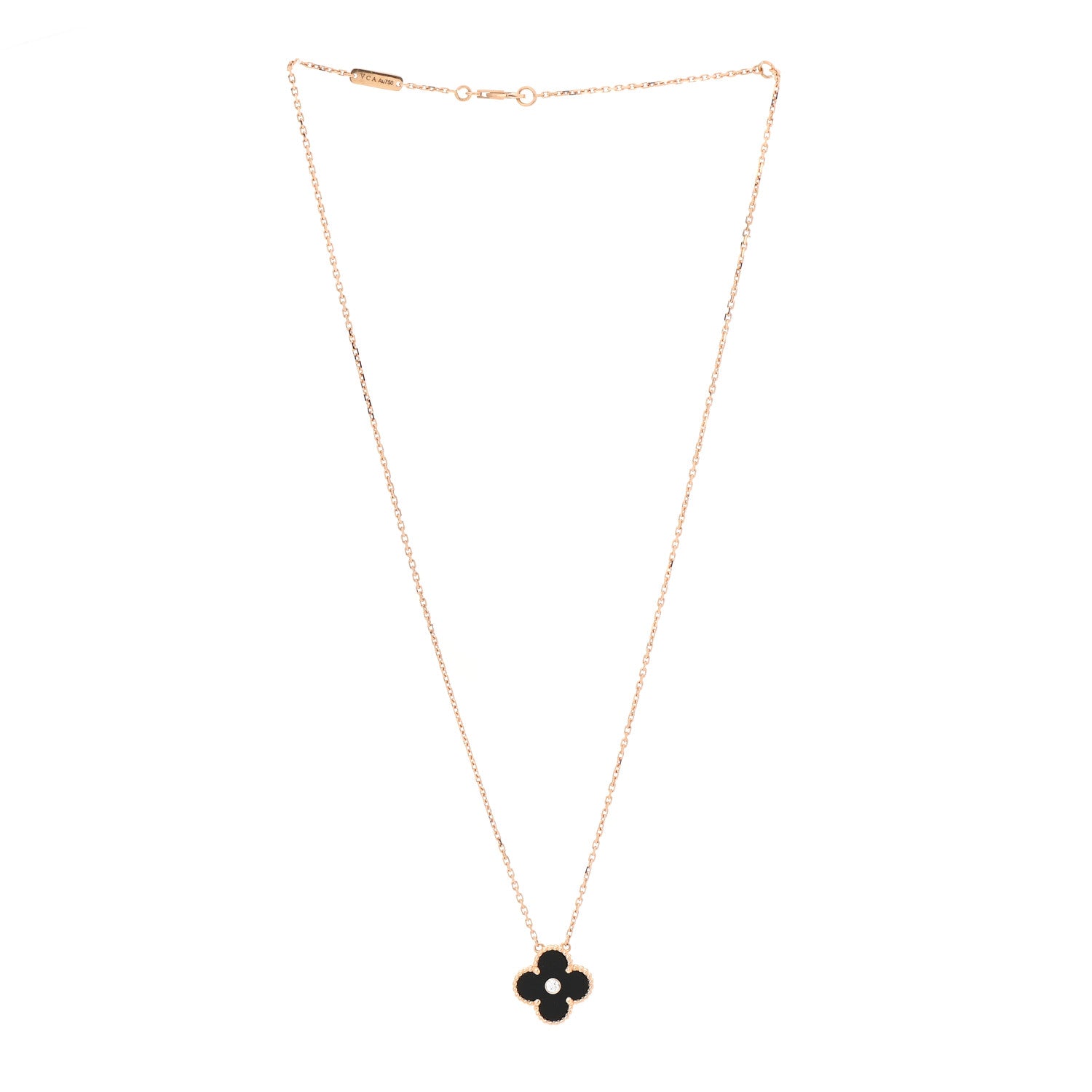 Van Cleef & Arpels 18K Rose Gold Diamond Black Onyx Vintage Alhambra Pendant Necklace 3 of 7