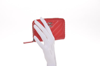 Chanel Lambskin Chevron Studded Zip Around Coin Purse Wallet Light Red 2 of 8