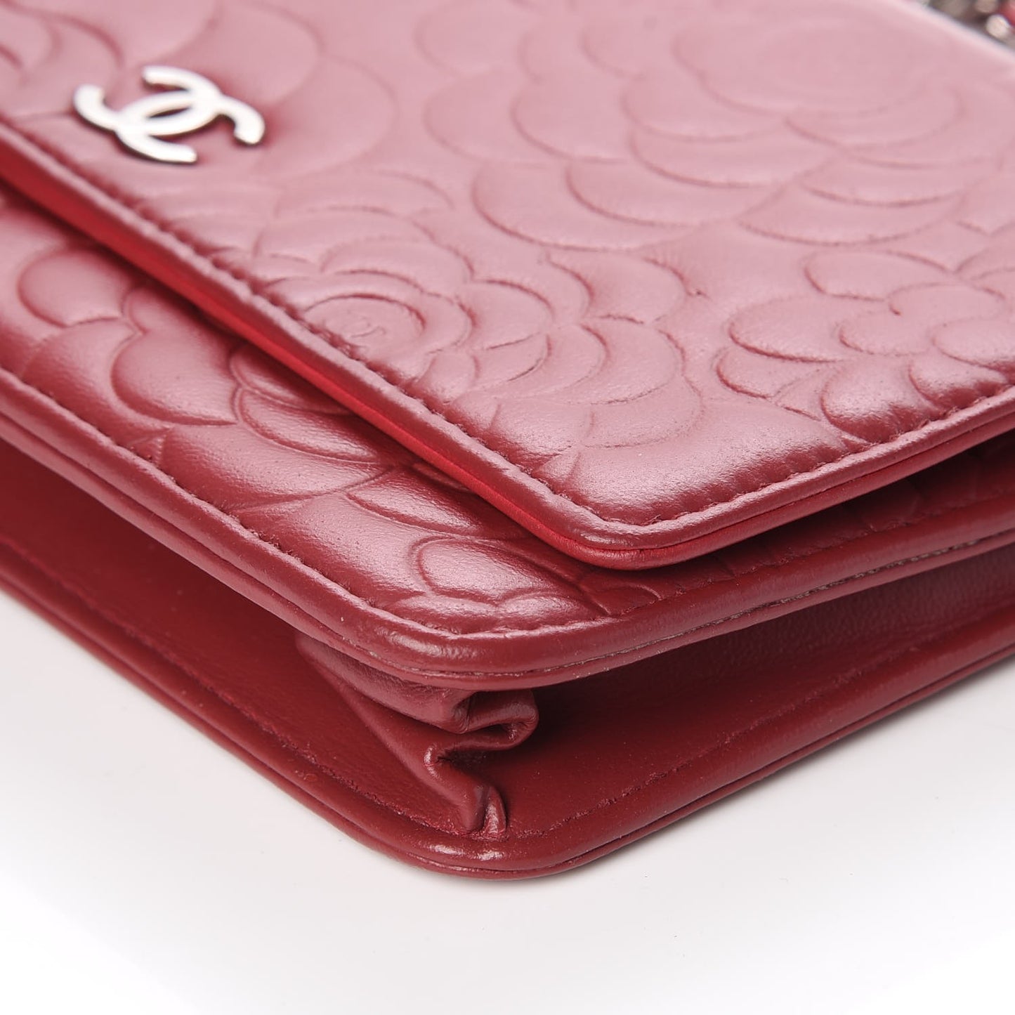 Lambskin Camellia Embossed Wallet On Chain WOC Red