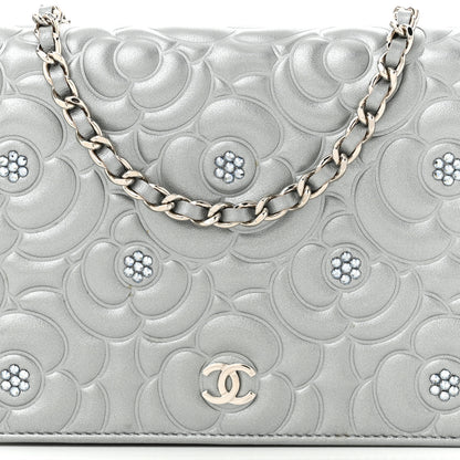 Chanel Metallic Lambskin Camellia Crystal Wallet on Chain WOC Silver 9 of 13