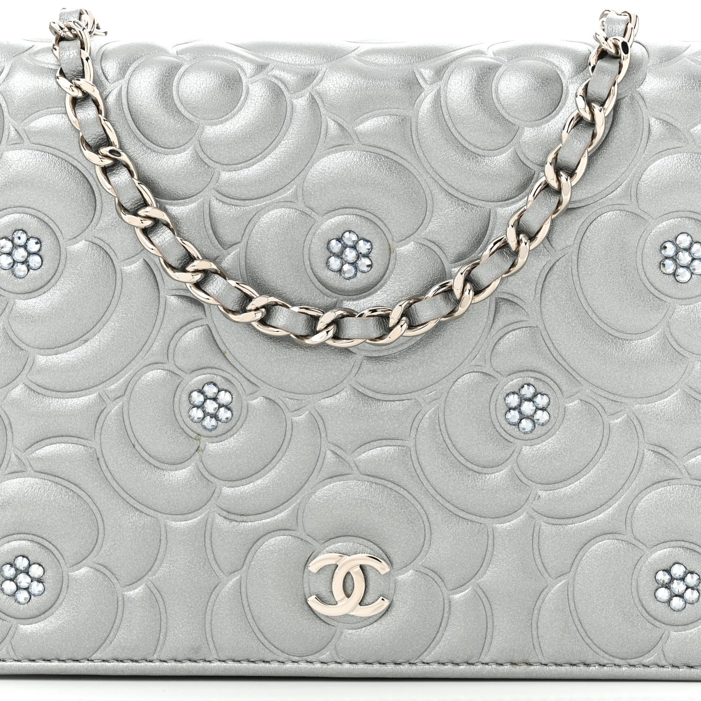 Metallic Lambskin Camellia Crystal Wallet on Chain WOC Silver