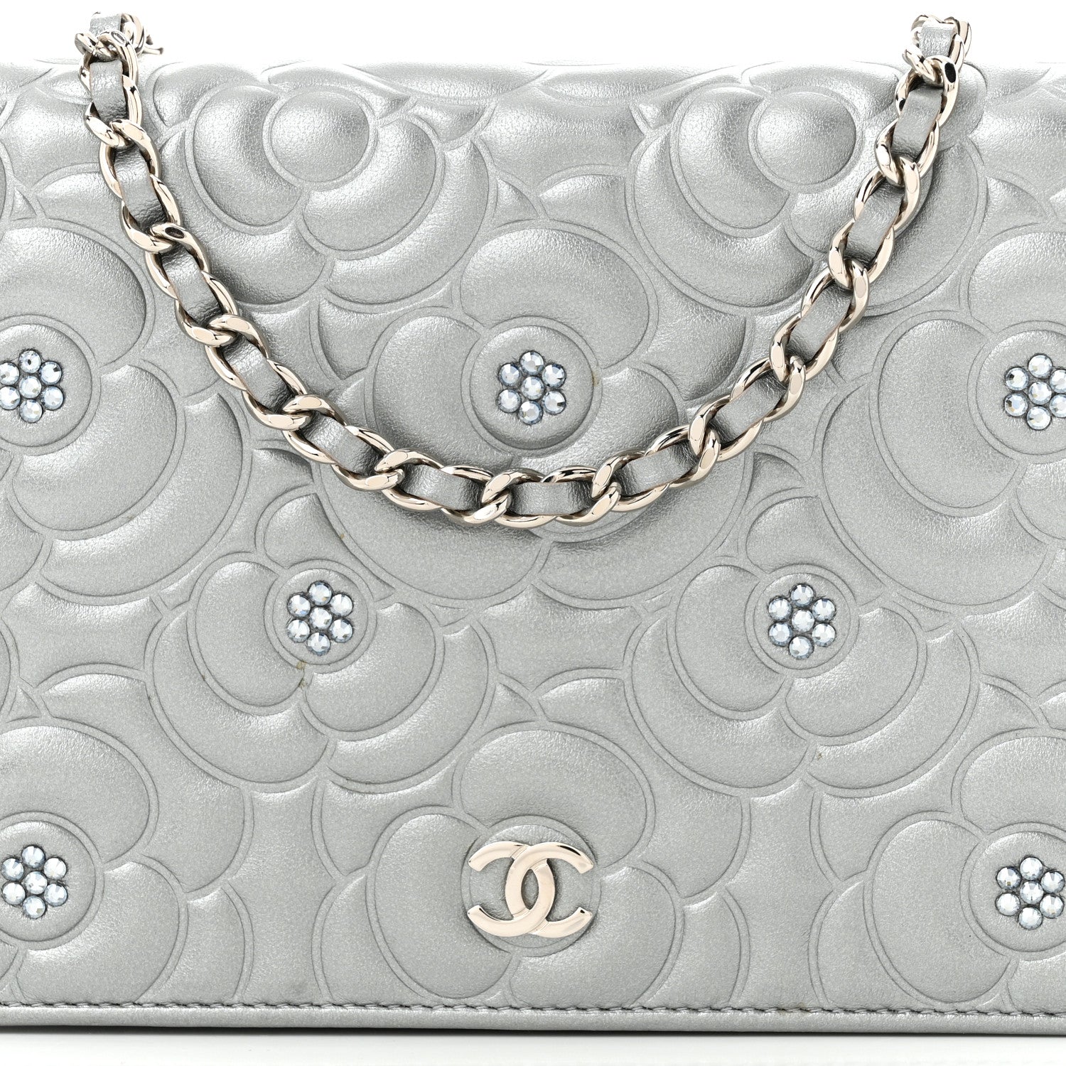 Chanel Metallic Lambskin Camellia Crystal Wallet on Chain WOC Silver 9 of 13