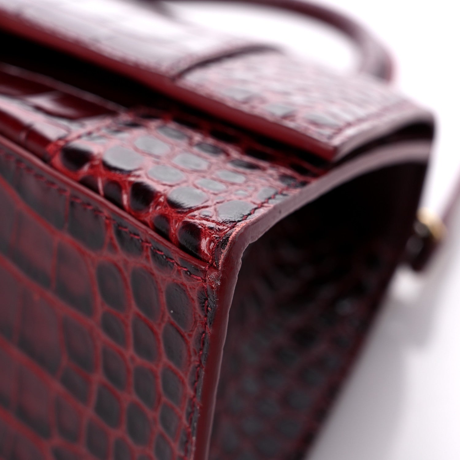 Balenciaga Shiny Calfskin Crocodile Embossed Small Hourglass Top Handle Bag Dark Red 8 of 15