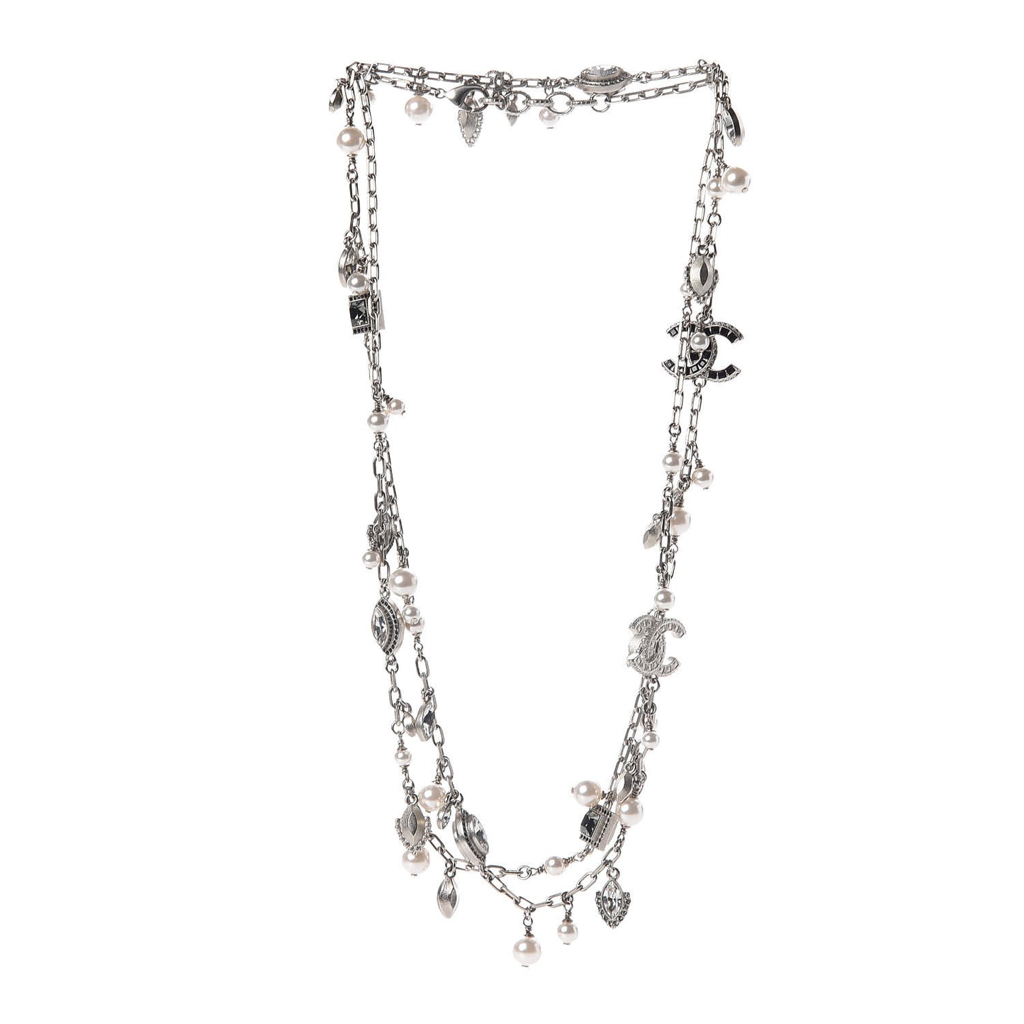 Pearl Baguette Crystal CC Long Necklace Silver