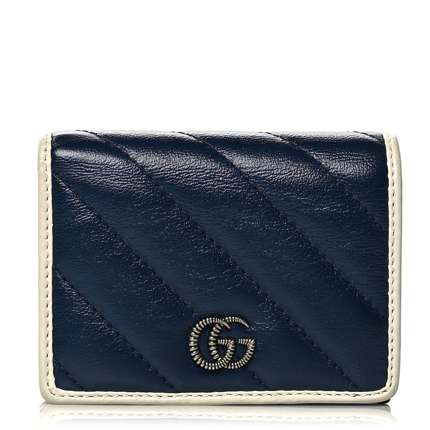 Vintage Effect Calfskin Matelasse Diagonal Torchon GG Marmont Card Case Wallet Blue Agata Mystic White