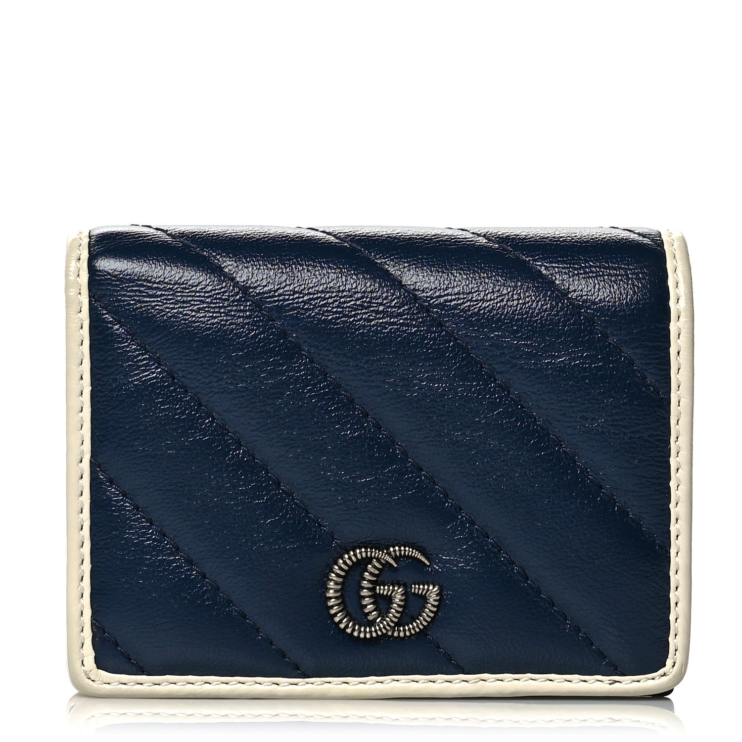 Gucci Vintage Effect Calfskin Matelasse Diagonal Torchon GG Marmont Card Case Wallet Blue Agata Mystic White 1 of 6