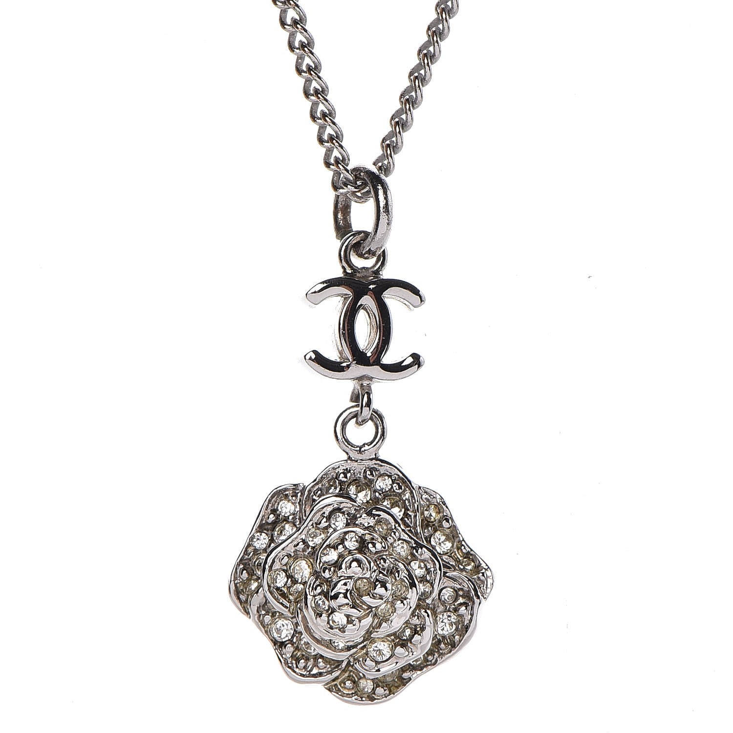 Chanel Swarovski Crystal Camellia CC Necklace Silver 4 of 7