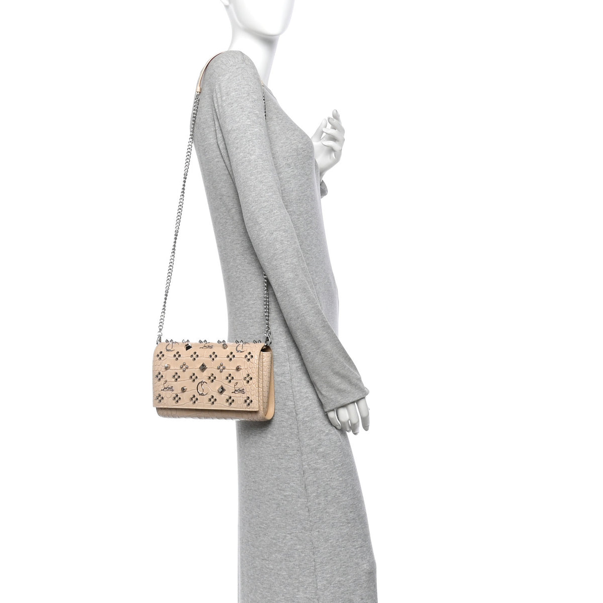 Calfskin Crocodile Embossed Spikes Loubinthesky Paloma Clutch Nougat