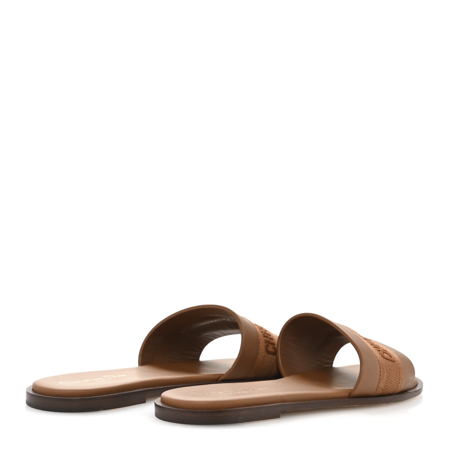 Calfskin Canvas Embroidered Dway Flat Slide Sandals 38 Camel