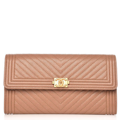 Chanel Caviar Chevron Quilted Boy Flap Wallet Dark Beige 1 of 9