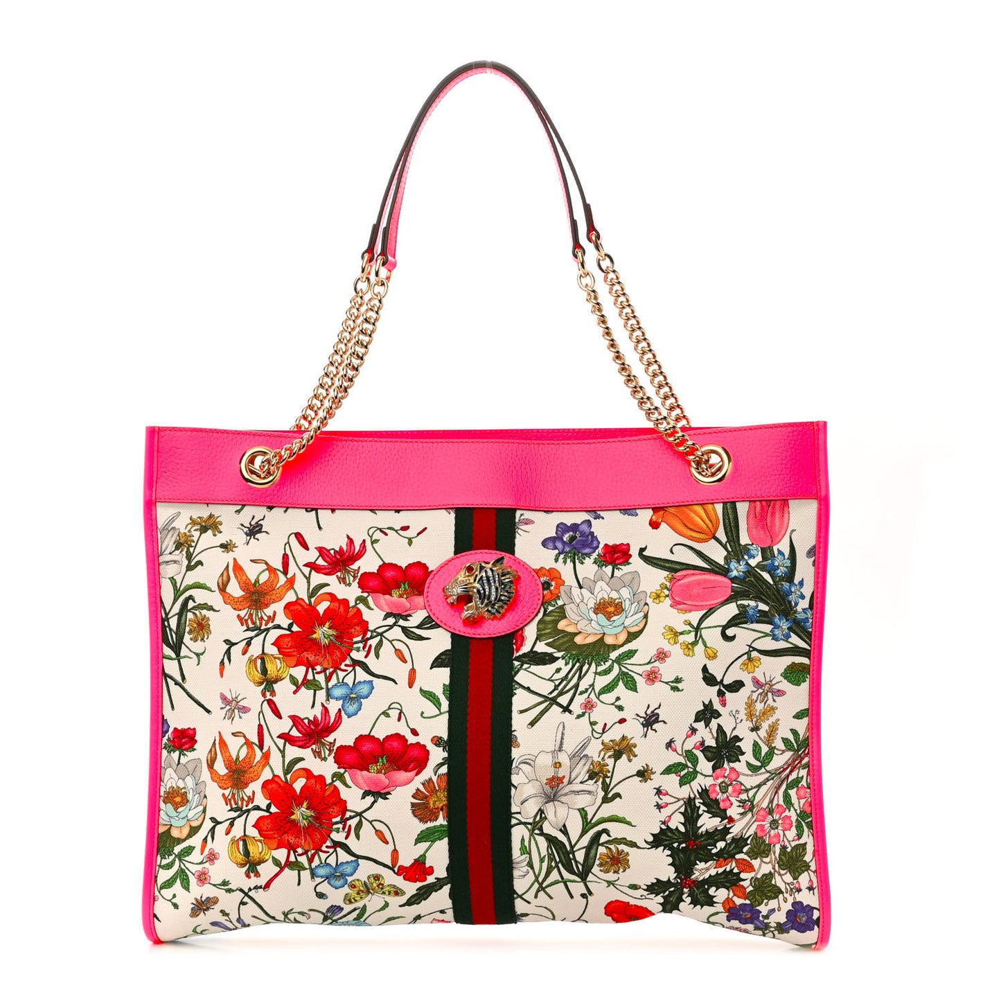 Canvas Flora Large Rajah Chain Tote White Multicolor Fuxia Fluo