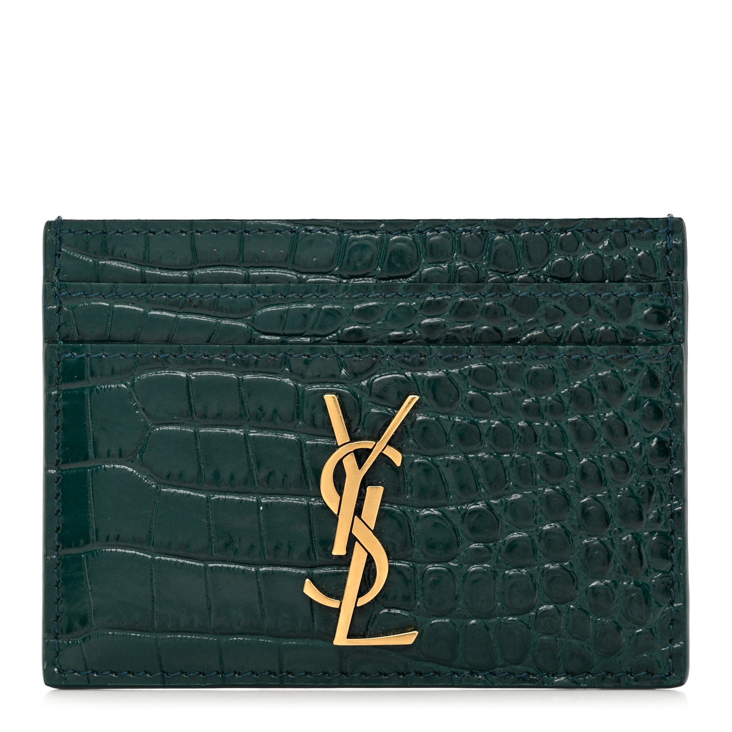 Saint Laurent Calfskin Crocodile Embossed Monogram Credit Card Case Foliage Green 1 of 7