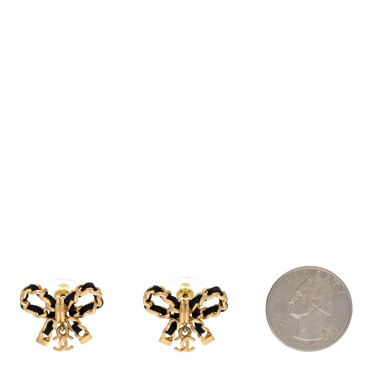 Chanel Lambskin Chain Bow Stud Earrings Black Gold 2 of 5