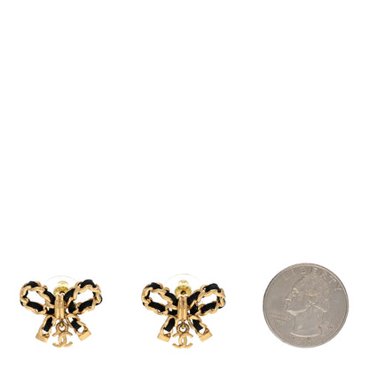 Chanel Lambskin Chain Bow Stud Earrings Black Gold 2 of 5