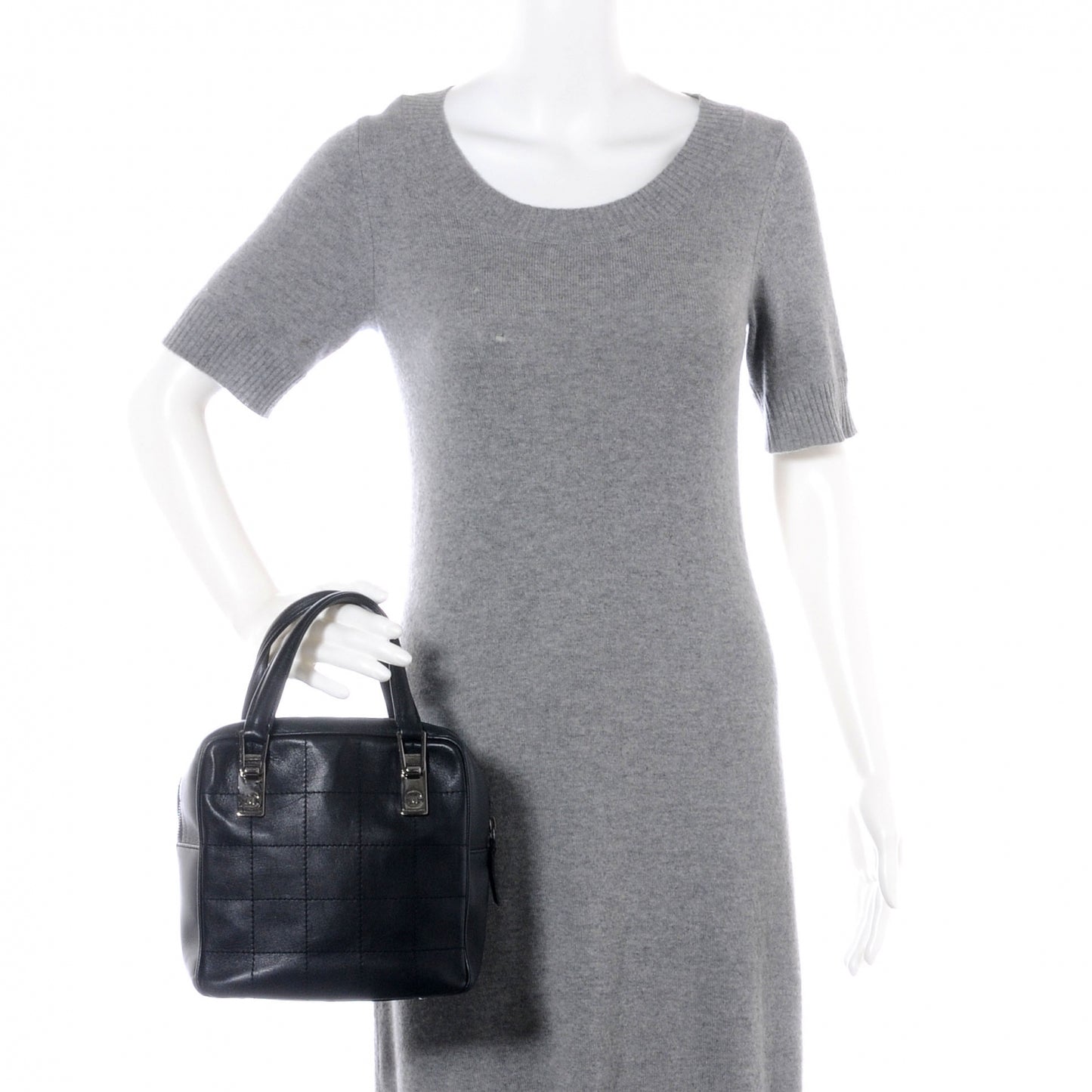 Leather Square Stitched Small Handbag Black