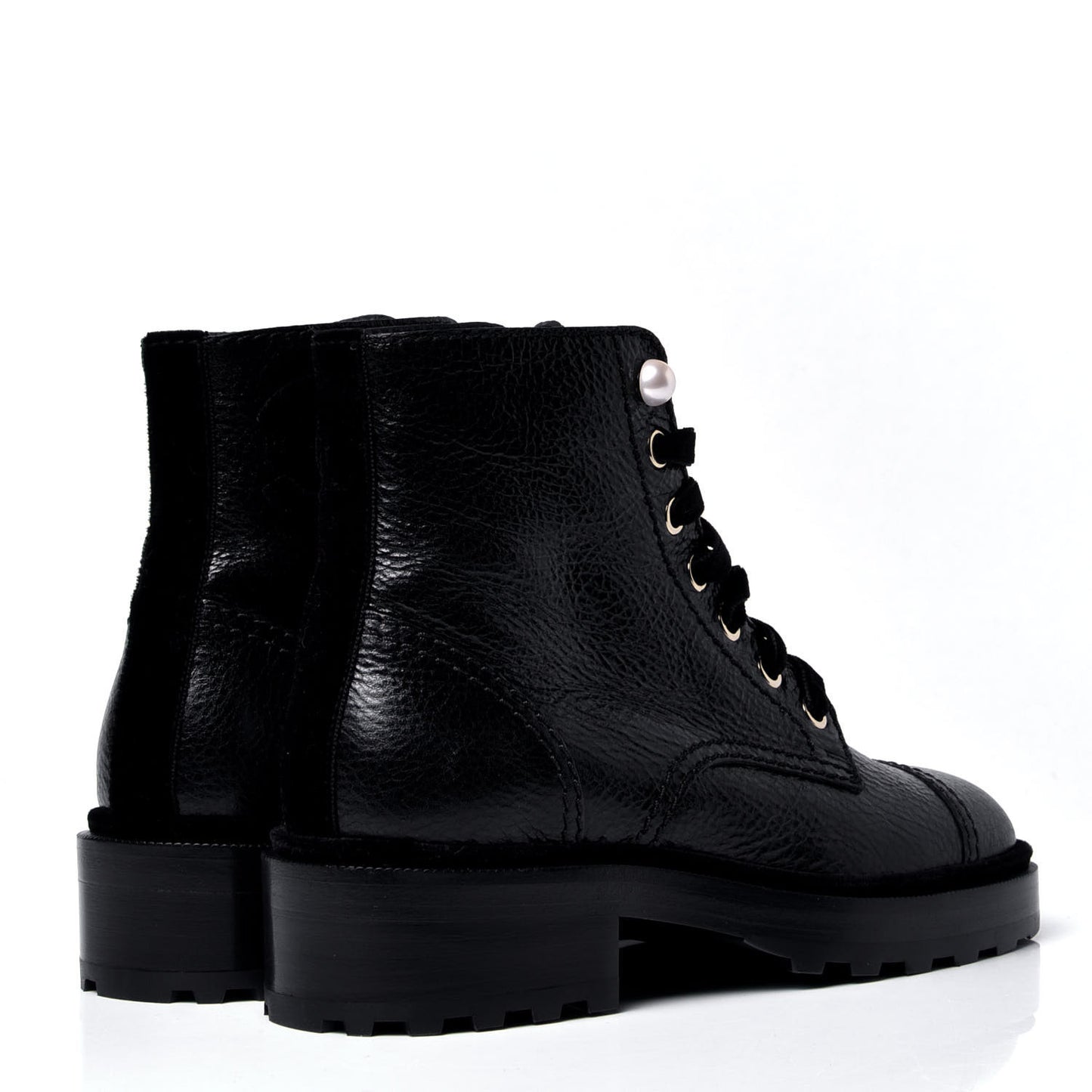 Calfskin Velvet Pearl Combat Short Boots 36 Black