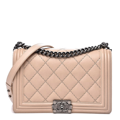 Chanel Calfskin Quilted Double Stitch New Medium Boy Flap Beige 1 of 15
