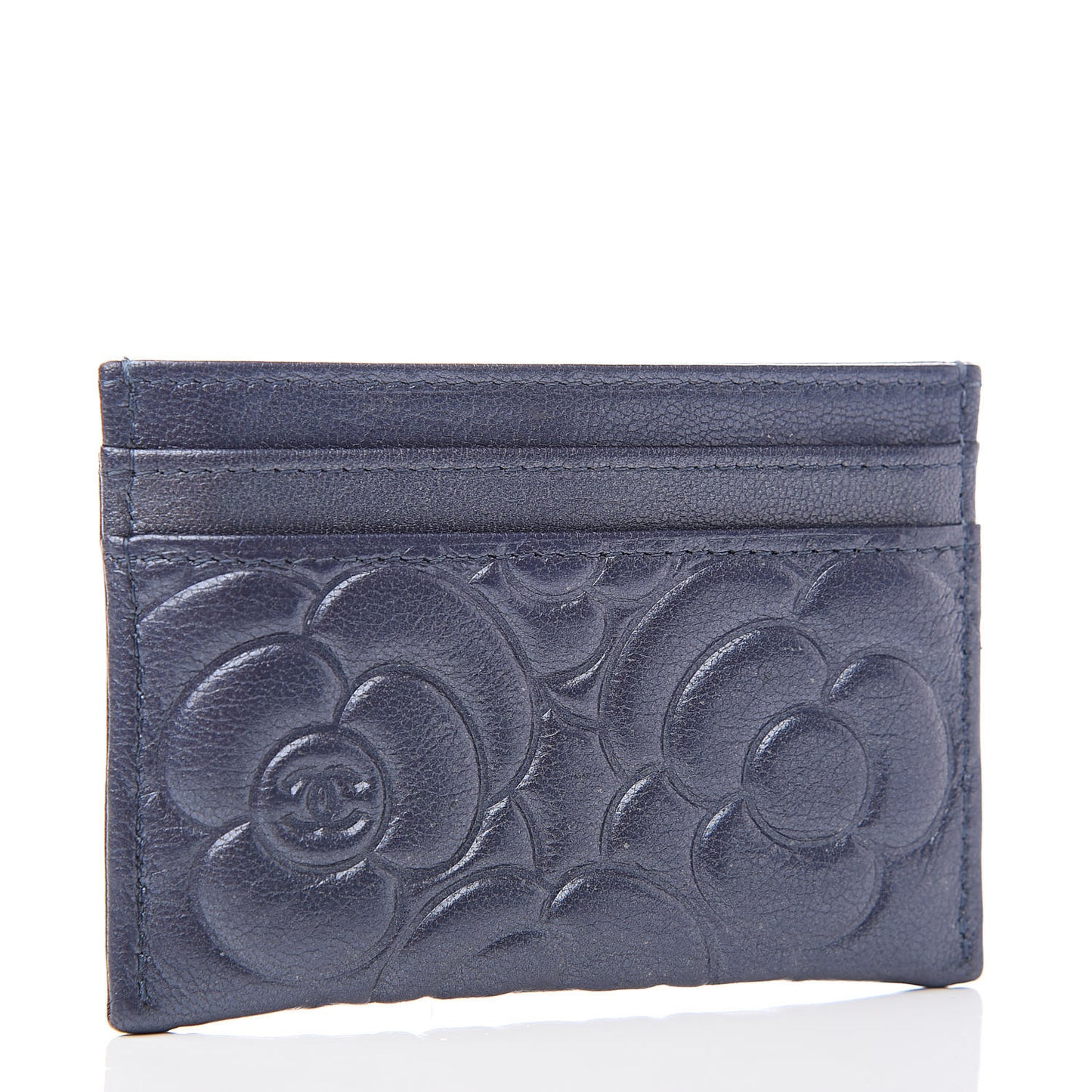 Goatskin Camellia Embossed Card Holder Dark Blue