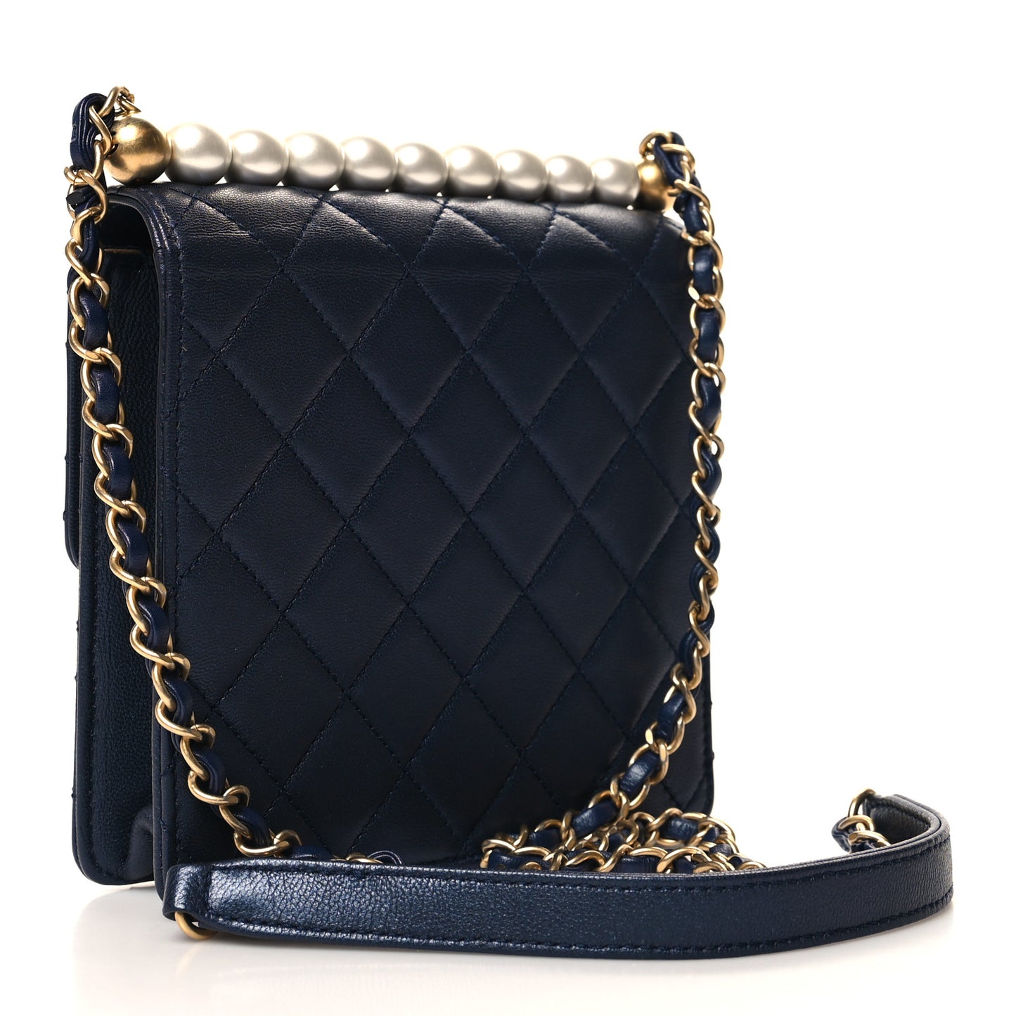 Iridescent Lambskin Quilted Chic Pearls Flap Navy Blue