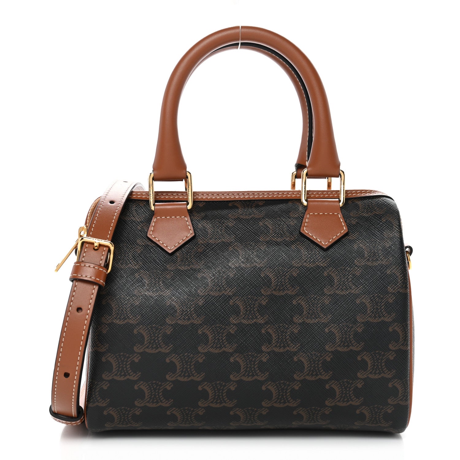 Celine Triomphe Canvas Calfskin Small Boston Bag Tan 1 of 10
