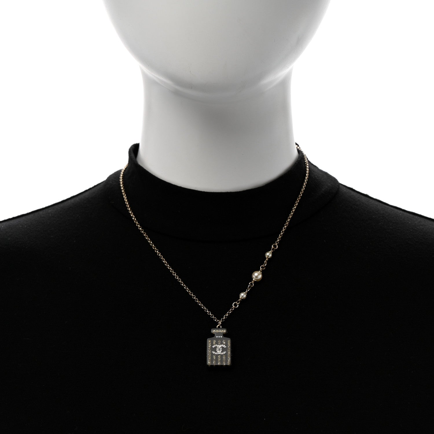 Chanel Resin Strass Pearl Perfume Bottle CC Necklace Black Gold 2 of 6