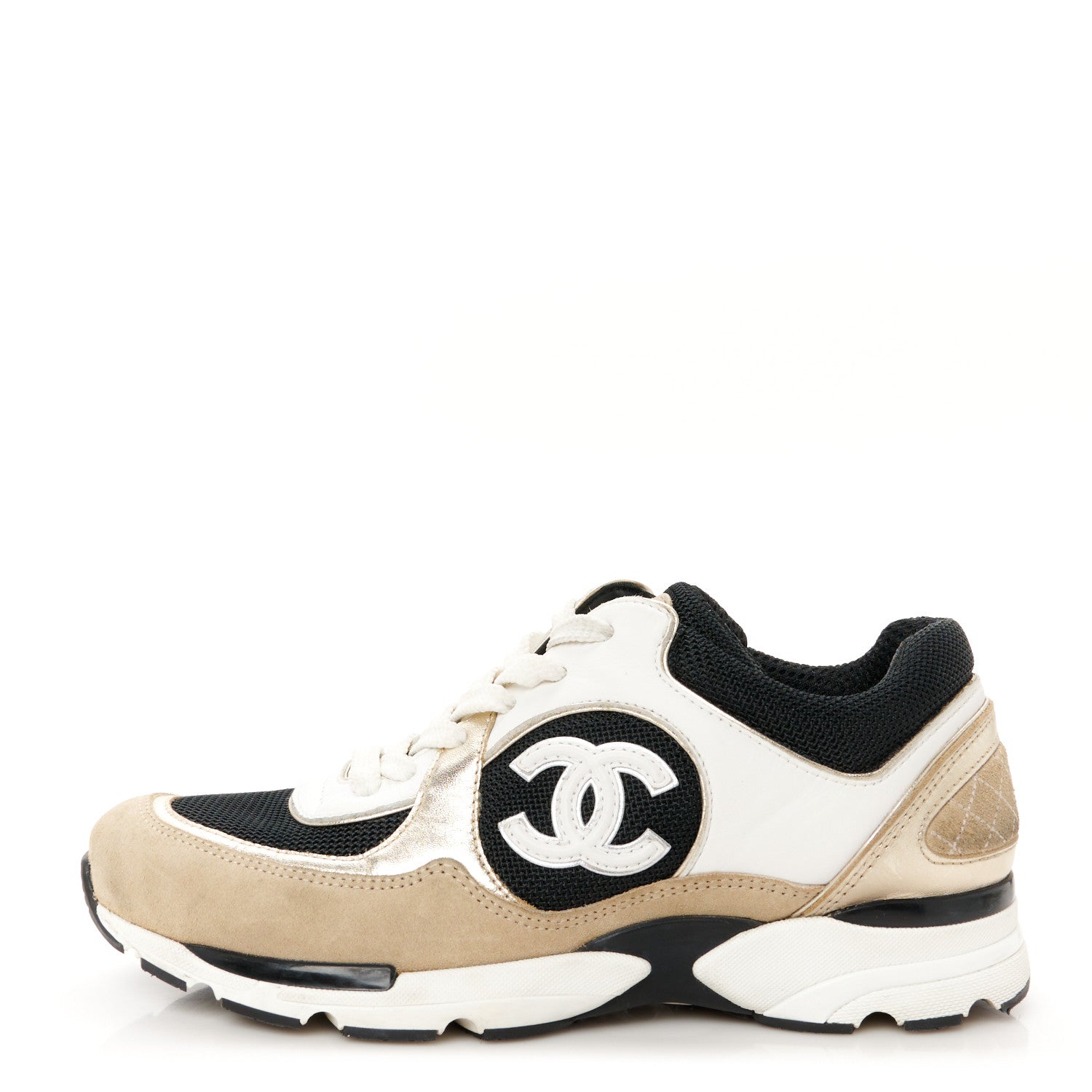 Chanel Mesh Suede Calfskin Grained Calfskin Womens CC Sneakers 37 White Black Beige Gold 1 of 9