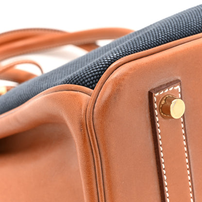 Hermes Toile Natural Barenia Flag Birkin 35 Fauve Bleu Indigo Bleu Thalassa 11 of 19